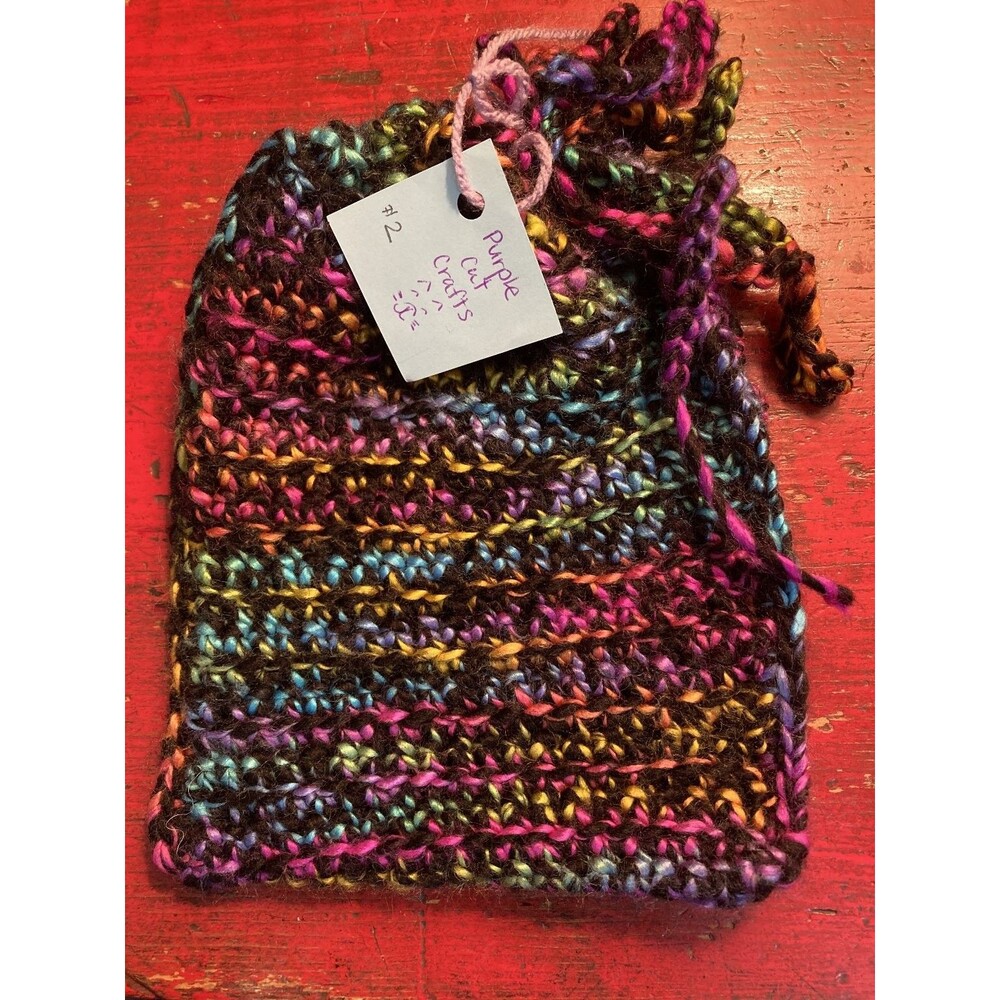 PURPLE CAT CRAFTS Handmade Bag Crocheted Drawstring Pouch Knitted Rainbow Colors